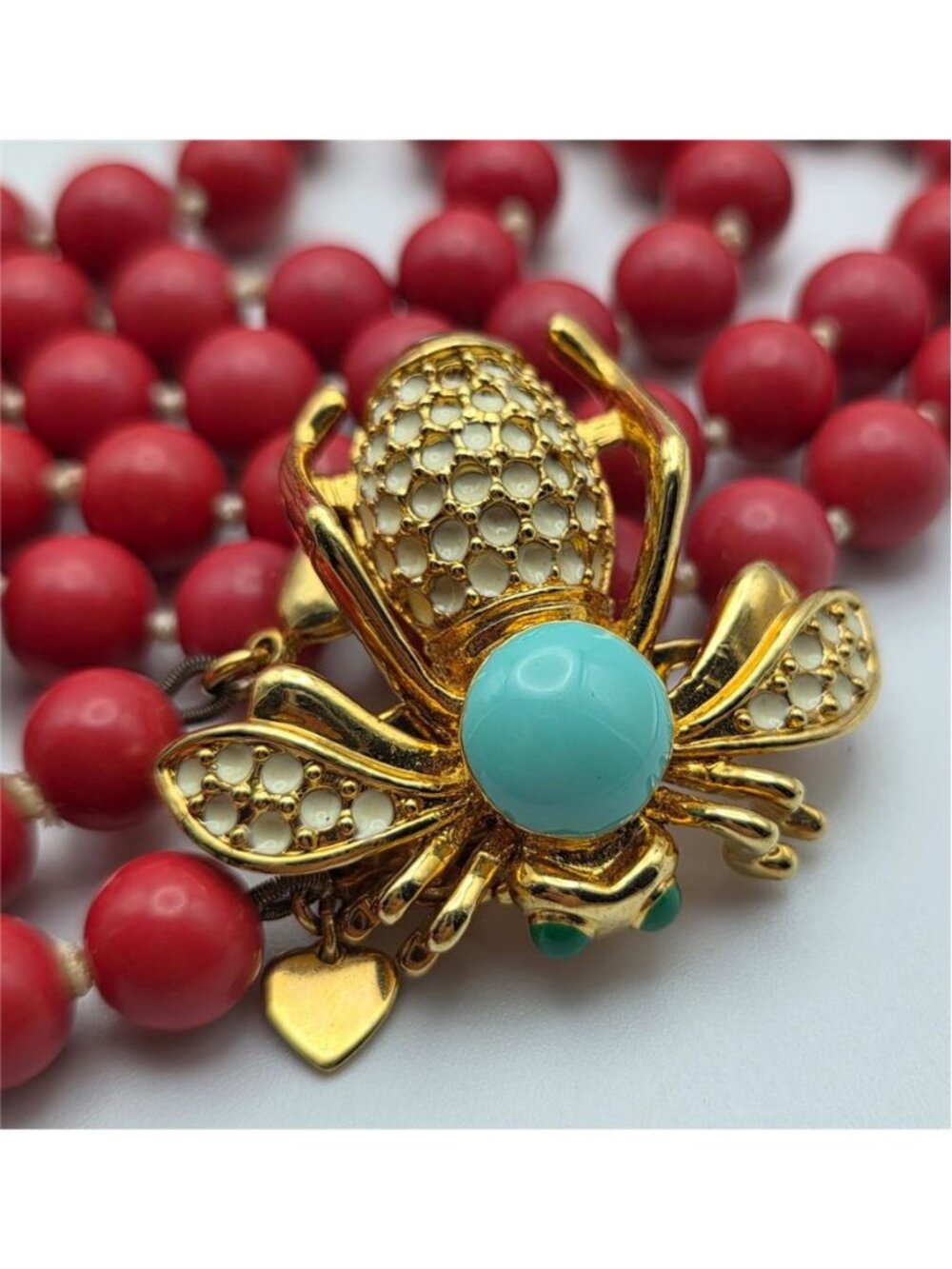 Red Faux Coral Glass Bead Bee Brooch Clasp Necklace 57 in Vintage - Picture 6 of 11
